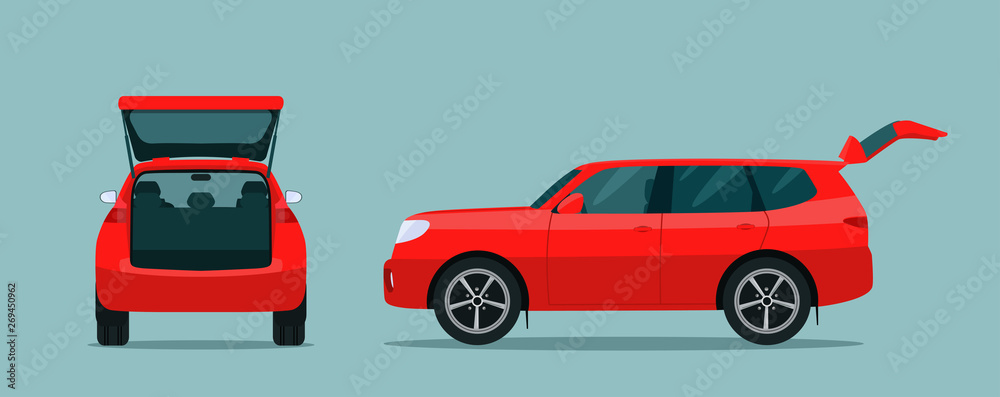 SUV car with open boot. Side and back view. Vector flat style illustration - obrazy, fototapety, plakaty 
