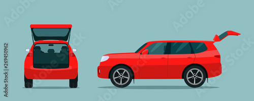 SUV car with open boot. Side and back view. Vector flat style illustration