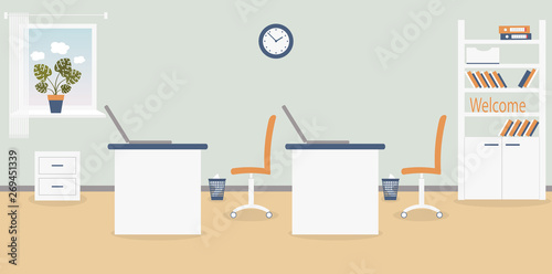 Interior of working place in the office on the light grey background. Vector illustration. Furniture: table, chair, cabinet with folders and books.Wall clock,monstera,window,bin. For advertising,sites