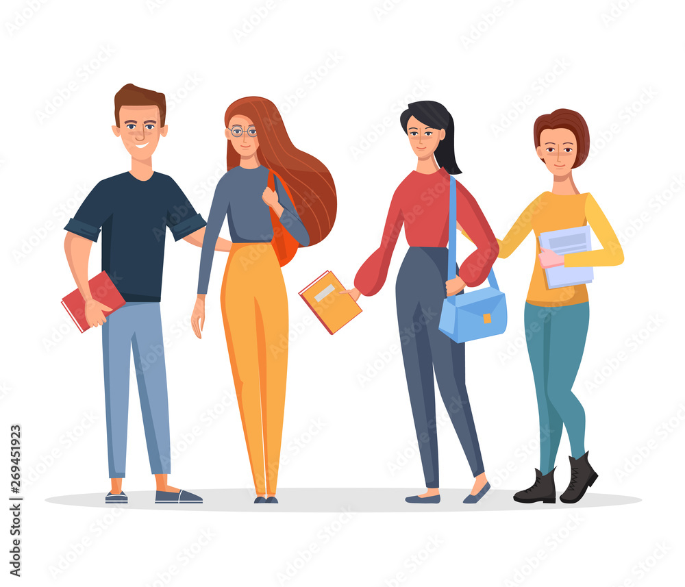 Group of young students holding bags and books. Vector character illustration in a cartoon style on a white background Group of young students holding bags and books. Vector character illustration in a cartoon style on a white background