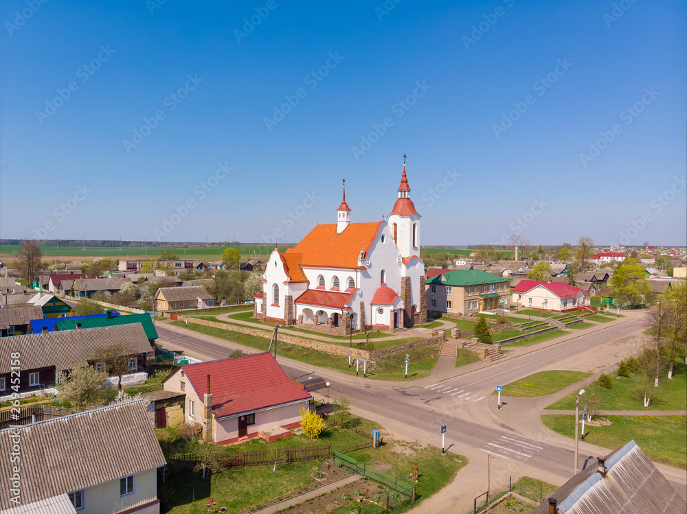 Catholic church in Soly, Grodno region, Belarus. Drone aerial photo