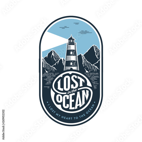 Lost Ocean Lighthouse oval white Vector illustration.