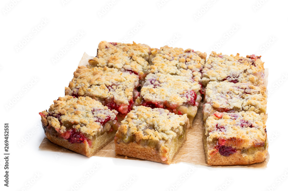 Homemade rhubarb tart with strawberry isolated on white