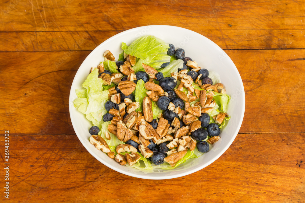Blueberry and Pecan Salad in White Bowl on Rustic Wood Table Blueberry and Pecan Salad in White Bowl on Rustic Wood Table
