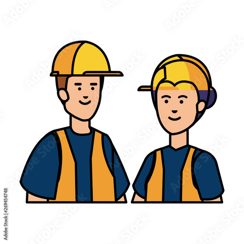 couple builders workers with helmets