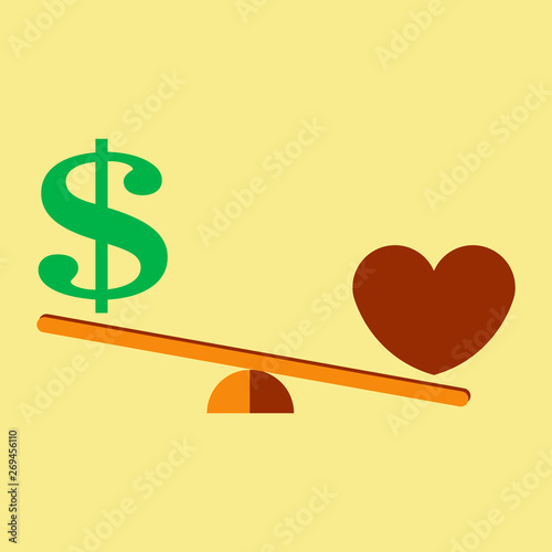 Money weights over the heart. Scales between love and money. The concept of greed, gain, money is more important than love. Vector illustration isolated on light background.