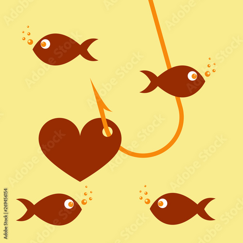 Vector illustration of red heart symbol on fishing hook. Idea - Love and relationships, Valentines day, Prostitution and AIDS danger concepts.