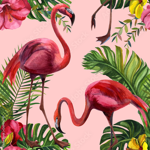 Watercolor tropical wildlife, flamingo bird, seamless pattern. Hand Drawn jungle nature, flowers illustration. Print for textile, cloth, wallpaper, scrapbooking