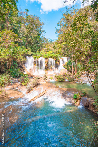 Beautiful turquoise waterfalls in the middle of the jungle of Chiapas in Mexico