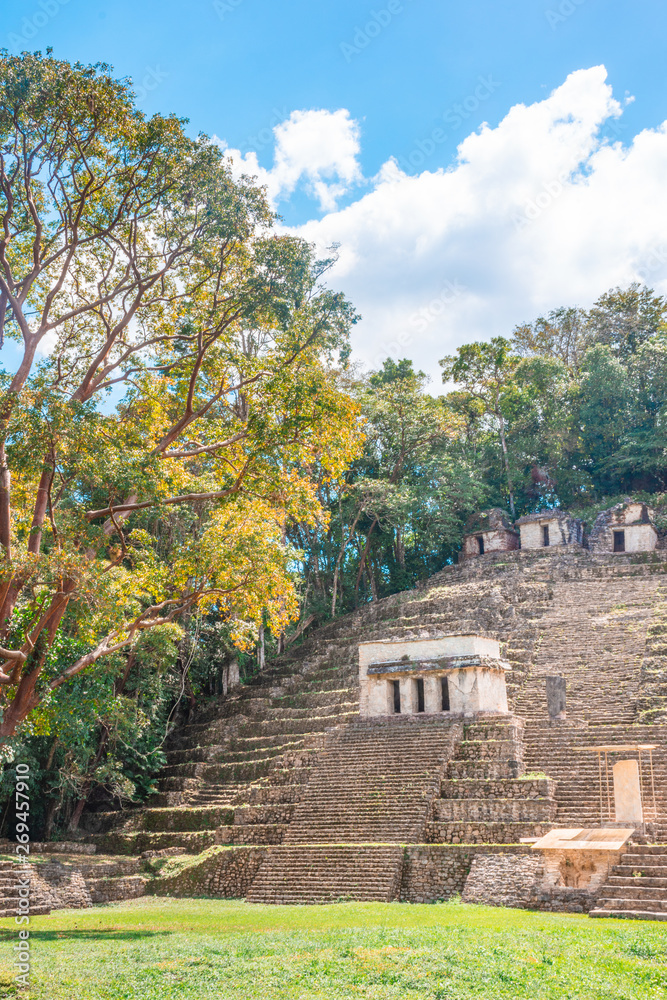 Ancient pyramids of the Mayan Archaeological Site of Bonampak in Chiapas, Mexico	