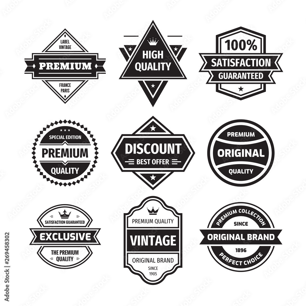Business badges vector set in retro design style. Abstract logo. Premium quality. Satisfaction guaranteed. Original, vintage, discount, exclusive design labels. Black & white colors.