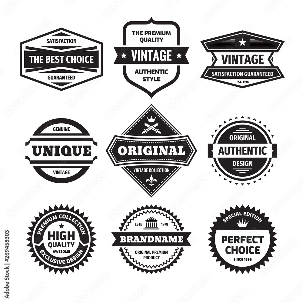 Business badges vector set in retro design style. Abstract logo. Premium quality. Satisfaction guaranteed. Original, authentic, vintage, unique, exclusive design labels. Black & white colors.