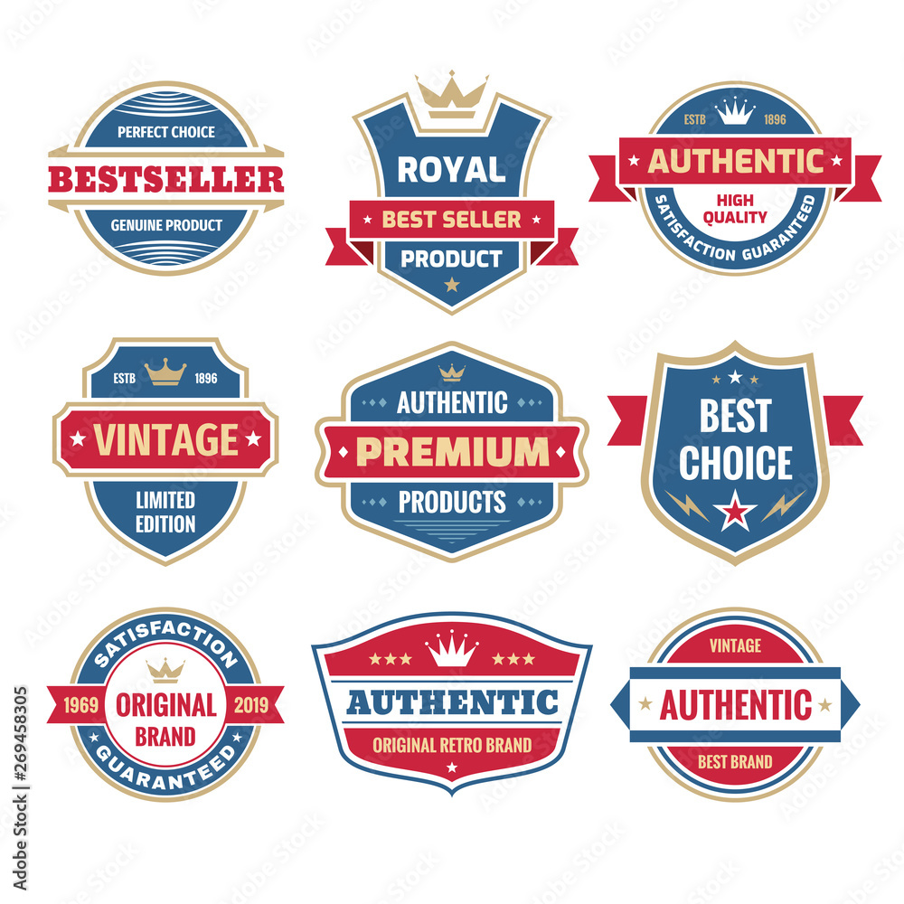 Business badges vector set in retro design style. Abstract logo. Premium quality. Satisfaction guaranteed. Vintage style. Genuine authentic product. Best seller. Original brand.
