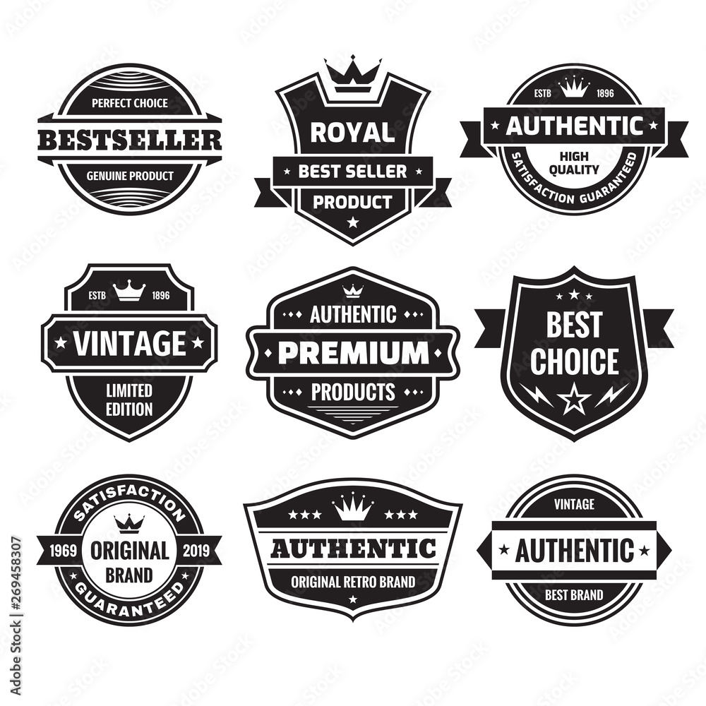 Business badges vector set in retro design style. Abstract logo. Premium quality. Satisfaction guaranteed. Vintage style. Genuine authentic product. Best seller. Original brand. Black and white colors