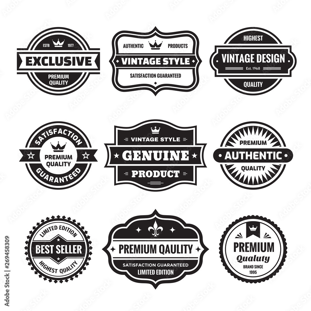 Business badges vector set in retro design style. Abstract logo. Premium quality. Satisfaction guaranteed. Vintage style. Highest quality. Genuine product. Concept labels. Black & white colors.