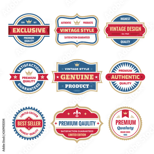 Business badges vector set in retro design style. Abstract logo. Premium quality. Satisfaction guaranteed. Vintage style. Highest quality. Genuine product. Concept labels. 