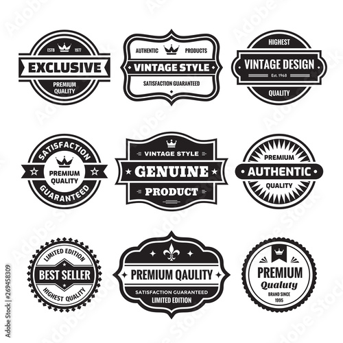 Business badges vector set in retro design style. Abstract logo. Premium quality. Satisfaction guaranteed. Vintage style. Highest quality. Genuine product. Concept labels. Black & white colors.