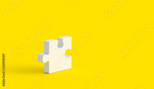Unfinished one white jigsaw puzzle on yellow background with copy space. Business strategy teamwork and problem solving concept. Orthogonal view. Minimal creative concept. 3d rendering illustration