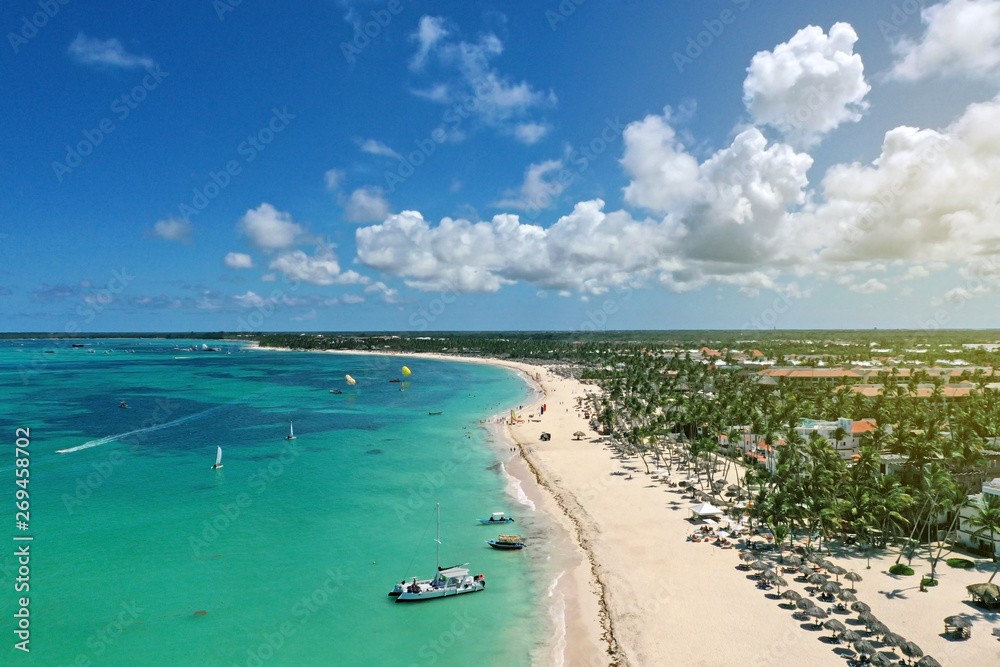Dominican Republic coastline with resorts, bird view