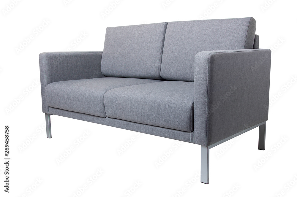 Modern grey fabric sofa isolated on white background.