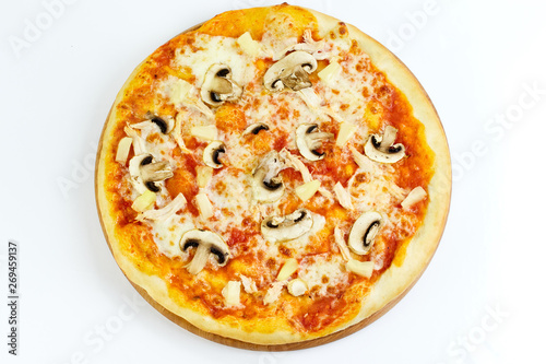 Tasty appetizing pizza isolated on white background