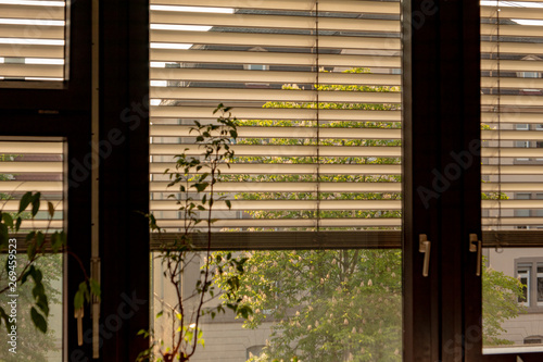 Blinds half lowered at sunset at a window