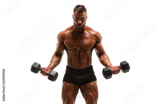 Muscular Men Lifting Weights. Bodybuilder Performing Dumbbel Biceps Curls