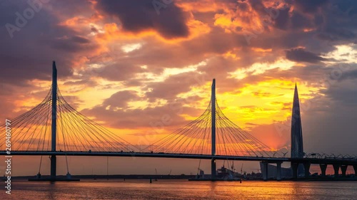 Time-lapse shooting Cable-stayed bridge to St. Petersburg, Lakhta Center, Gazprom skyscraper