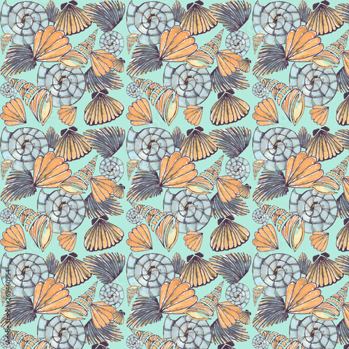 Bright marine pattern of seashells and starfish - the inhabitants of the underwater world from watercolor hand-painted elements