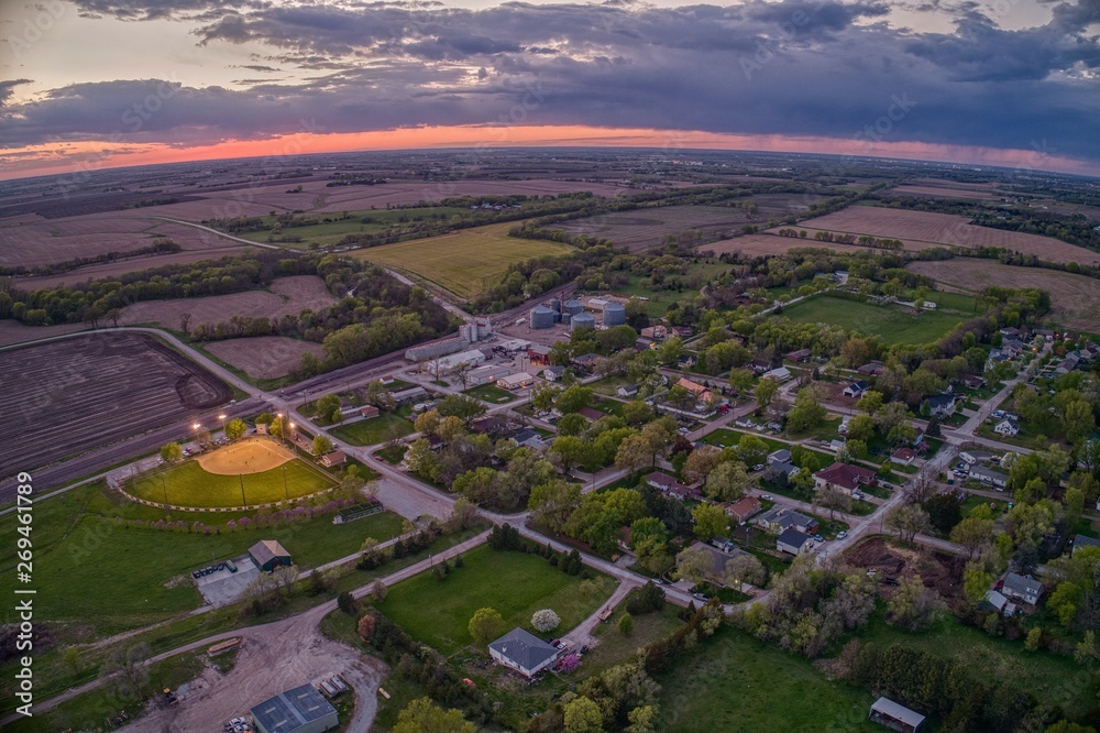 Aerial View of the small Village of Roca at Sunset in rural Nebraska