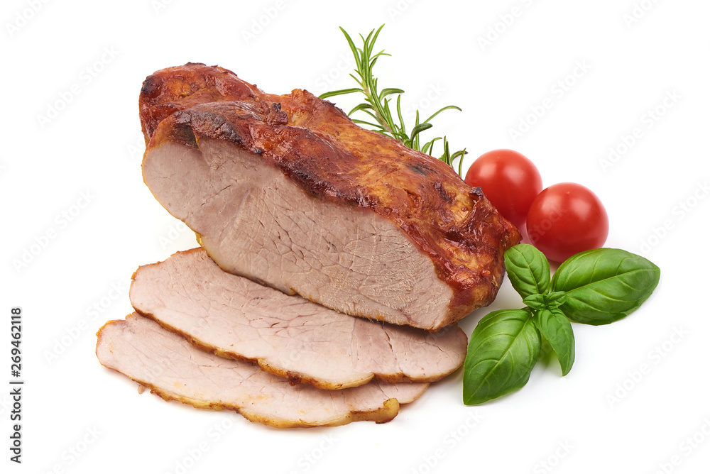 Baked pork roast, fried spicy galzed meat, close-up, isolated on white background