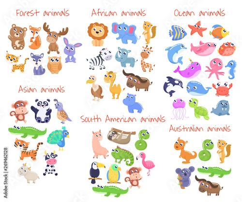 Big set of cute cartoon animals. Forest  ocean  australian  asian  south american  african animals. vector flat illustration.