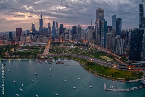 Aerial View of the Chicago Skyline from above the Harbor on Lake Michigan