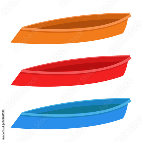 Wooden boats. Icon boats. Orange, red and blue boat. White background. Vector illustration. EPS 10.