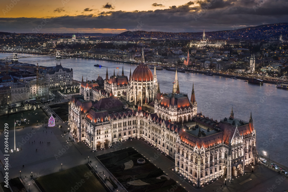 Budapest Hungary Aerial View Of The Beautiful Illuminated Parliament budapest-hungary-aerial-view-of-the-beautiful-illuminated-parliament