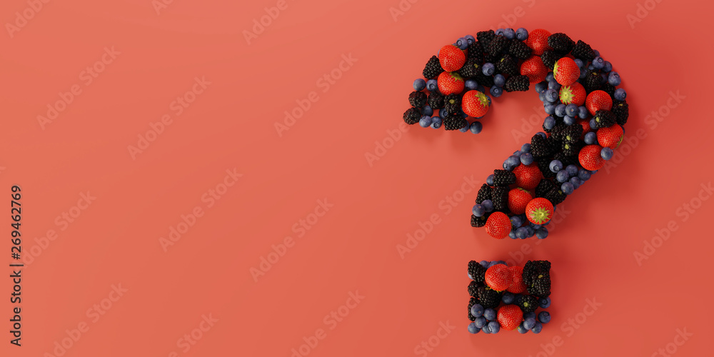 Fruits of the forest question mark, ultra realistic 3d rendering