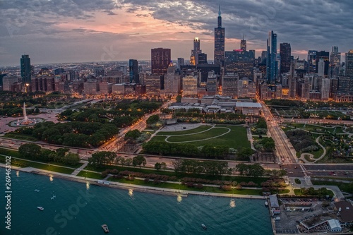 Aerial View of the Chicago Skyline from above the Harbor on Lake Michigan