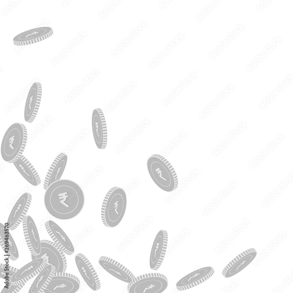 Indian rupee coins falling. Scattered black and wh Indian rupee coins falling. Scattered black and wh