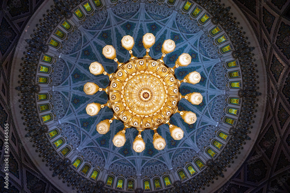 A view of the chandelier of the Sultan Qaboos Mosque in Muscat, Oman