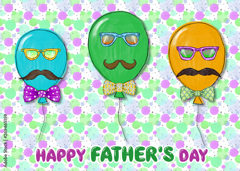Father's day greeting card with balloons, mustache and bow ties