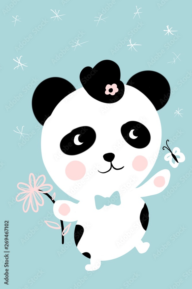 Cute Panda bear in hat with flower and butterfly illustration Cute Panda bear in hat with flower and butterfly illustration