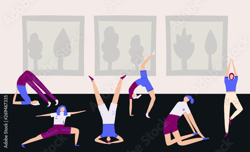 Women or girls in yoga class standing in different yoga poses. Flat vector illustration