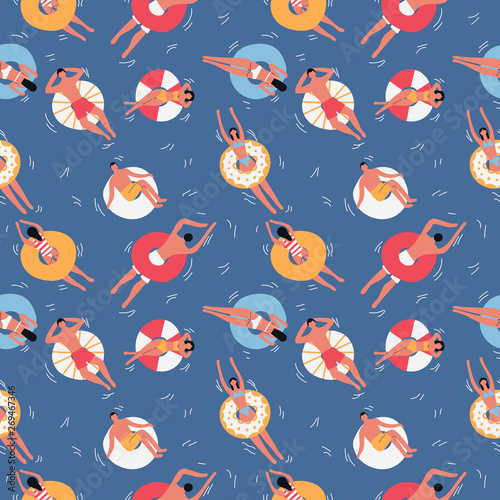 People in pool swimming with inflatable circles seamless pattern. Flat vector illustration