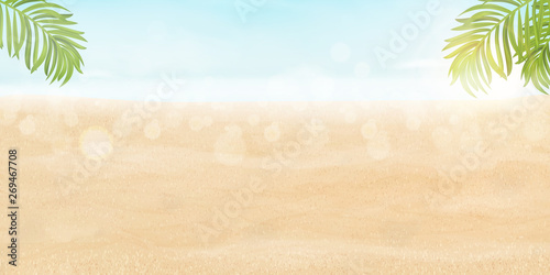 Hello summer vector banner design vacation concept. Poster Landscape Seashore Resort View with Beach, shiny ocean, sea water with bright sun, tropical Palm leaves. Summer vacation holiday, traveling.