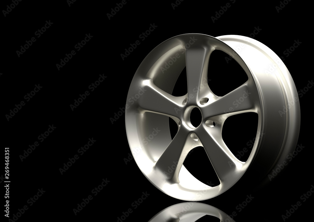 Aluminium alloy car wheel. Silver alloy rim for car, tracks on black background. 3d rendering illustration