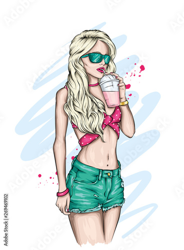 Beautiful girl in a stylish hat, t-shirt and shorts. Summer clothes. Fashion & Style. Vector illustration for greeting card or poster. Cocktail.