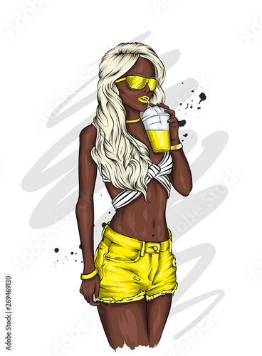 Beautiful girl in a stylish hat, t-shirt and shorts. Summer clothes. Fashion & Style. Vector illustration for greeting card or poster. Cocktail.