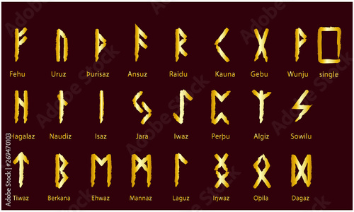 Set of Old Norse Scandinavian runes. Rune alphabet. Occult symbols.