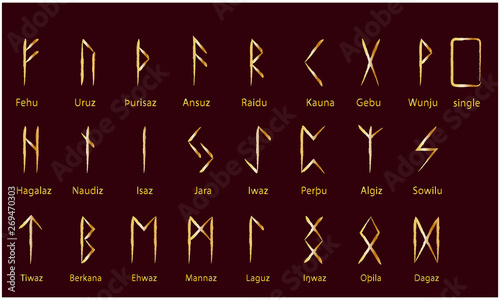 Set of Old Norse Scandinavian runes. Rune alphabet. Occult ancient symbols.