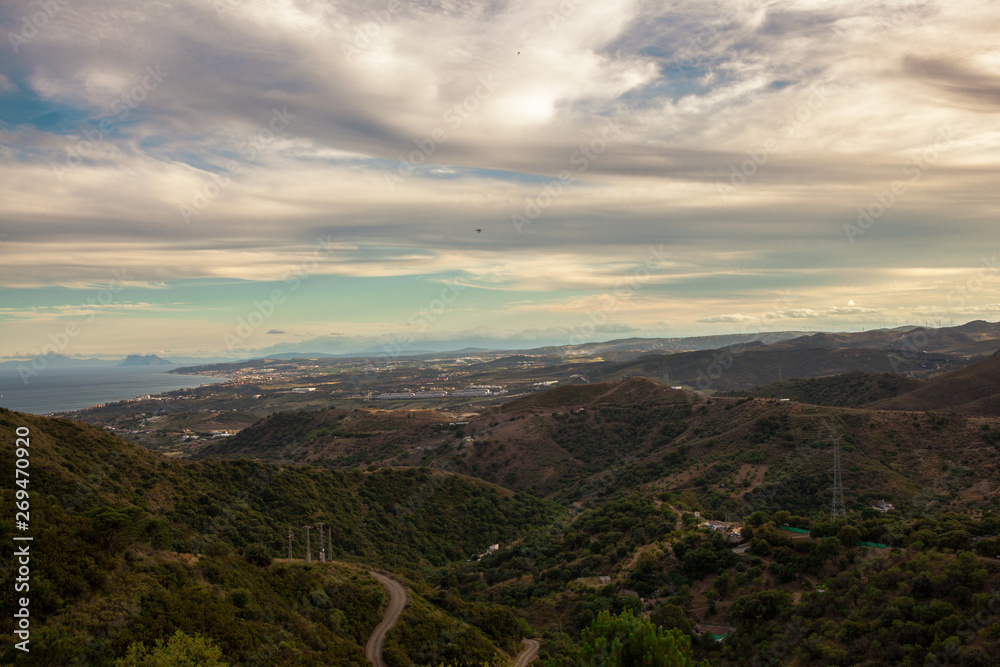 Landscape. View of the mountains and the sea from the observation deck of the city of Estepona.